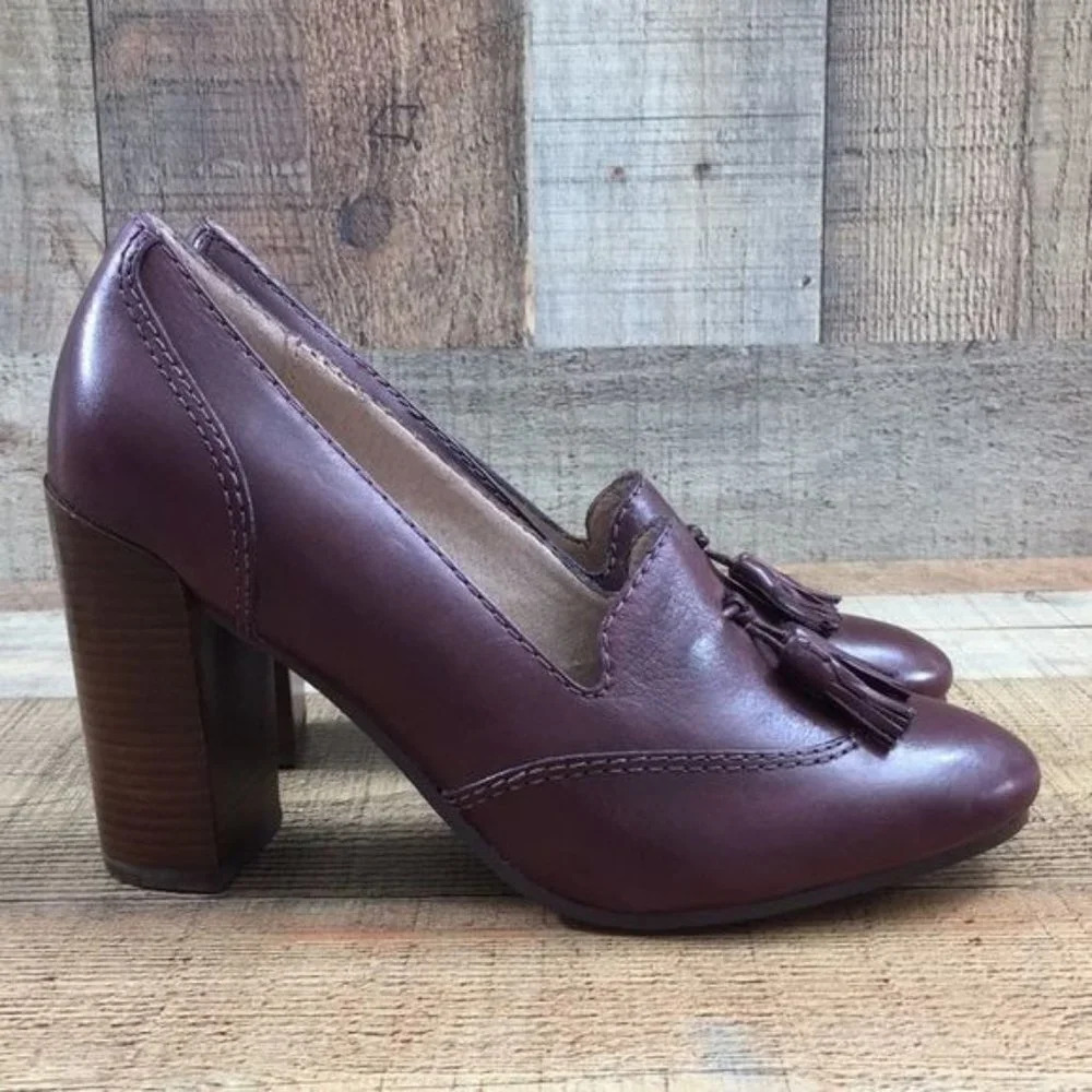 Lands End Burgundy Leather Stowe Tassel High Heel Shoes Womens 6B Slip On Kiltie